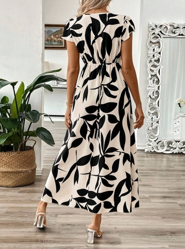 Robe longue élégante d'été pour femmes, avec col en V, imprimée et à manches courtes volants