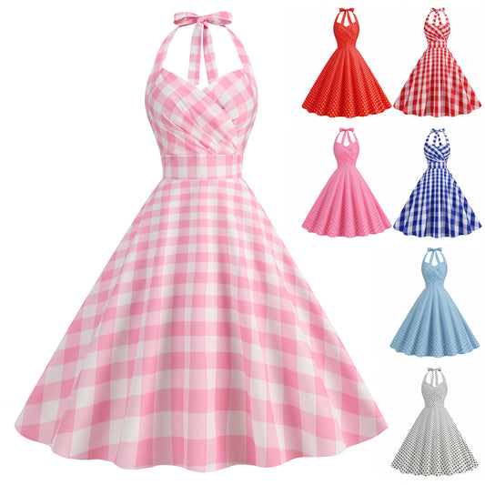 Retro Sexy Halter Chest-wrapped Slim-fit Printed Large Swing Dress