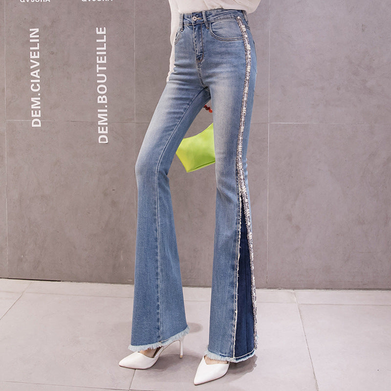 High Waist Slimming Embroidery Beaded Flared Denim Jeans for Women