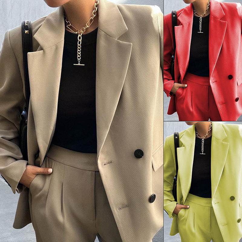 Ensemble tailleur-pantalon deux pièces de couleur unie pour femme