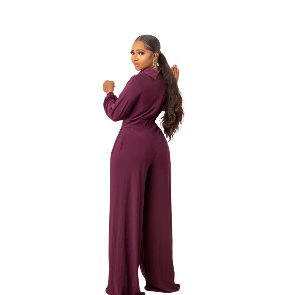 Solid Color Elegant Women's Polyester Jumpsuit with Zipper