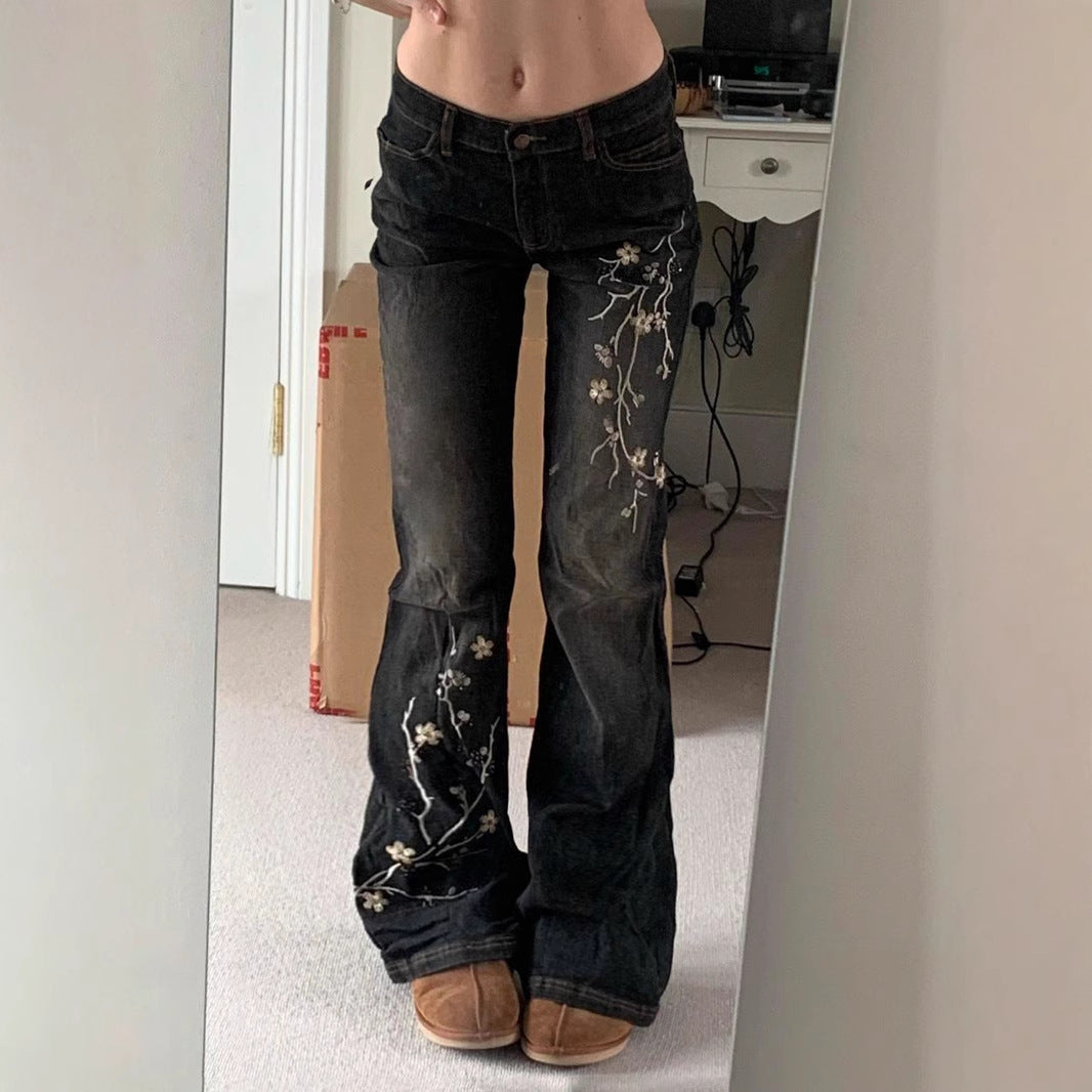 Retro Chinese Plant Flower Embroidery Washed Wear-white Low Waist Straight Skinny Jeans
