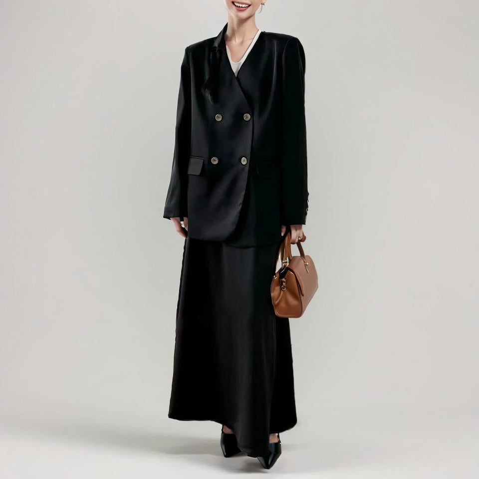 Double Breasted Women's Suit Jacket and Skirt Set in Solid Colors