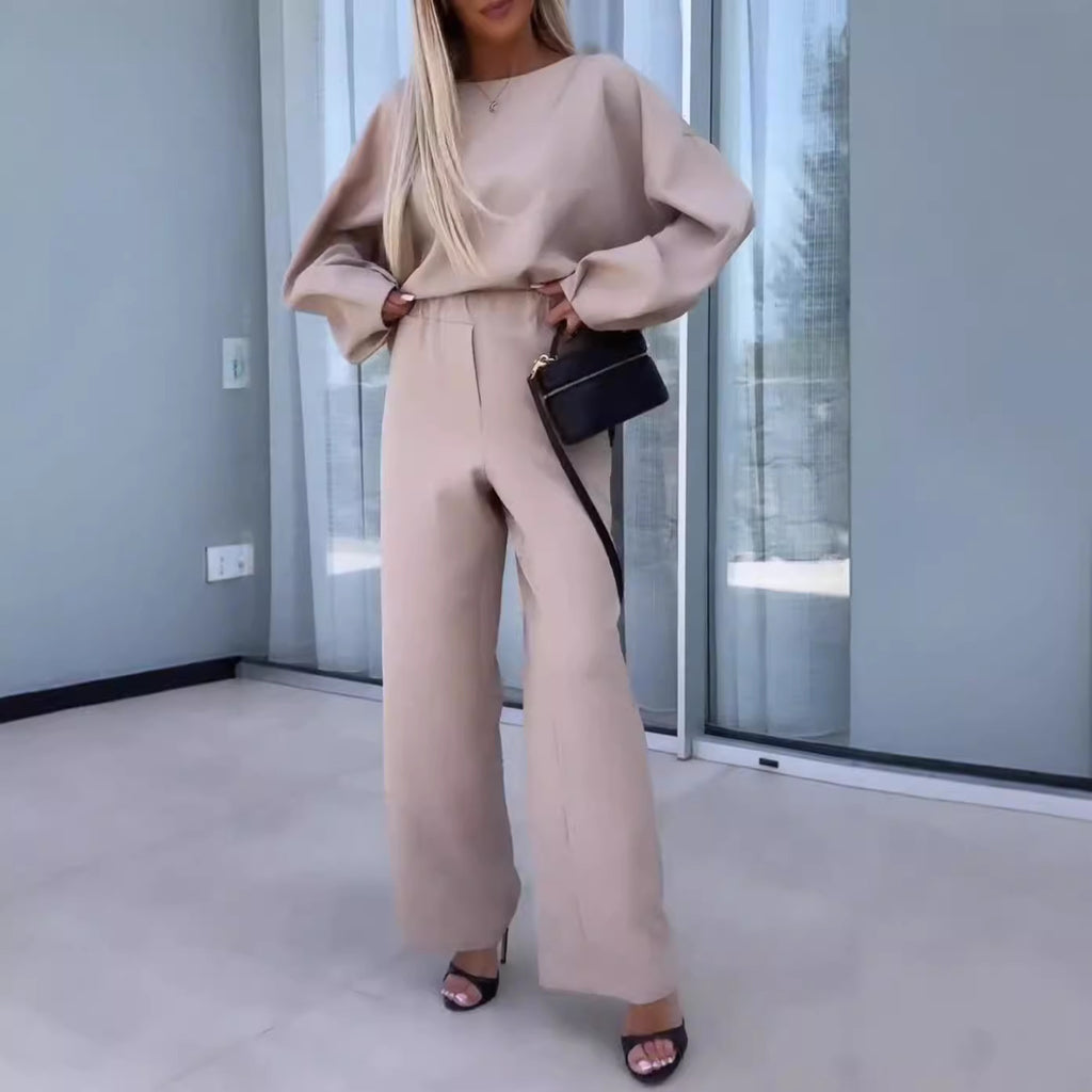 Ensemble deux-pièces femme couleur unie col rond manches longues taille élastique