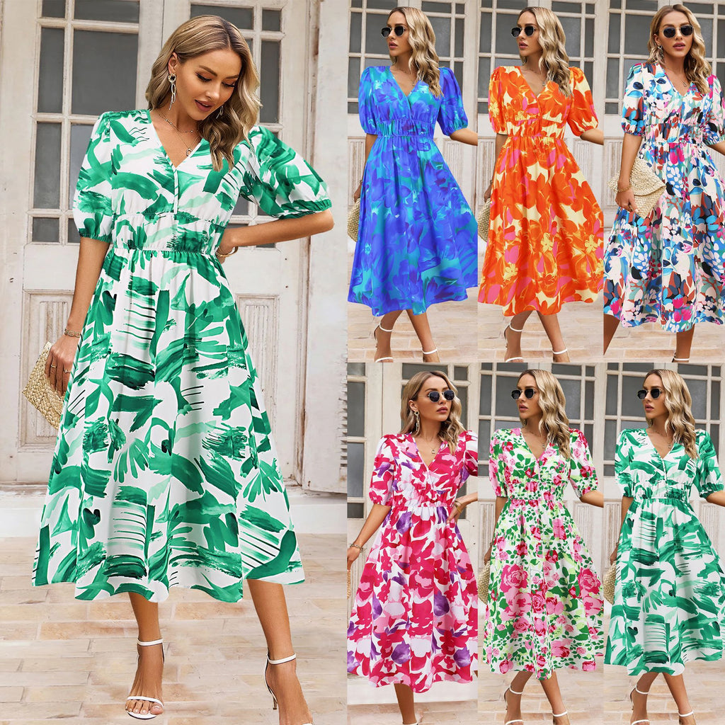 Robe d'été femme col en V imprimé floral bohème avec manches bouffantes