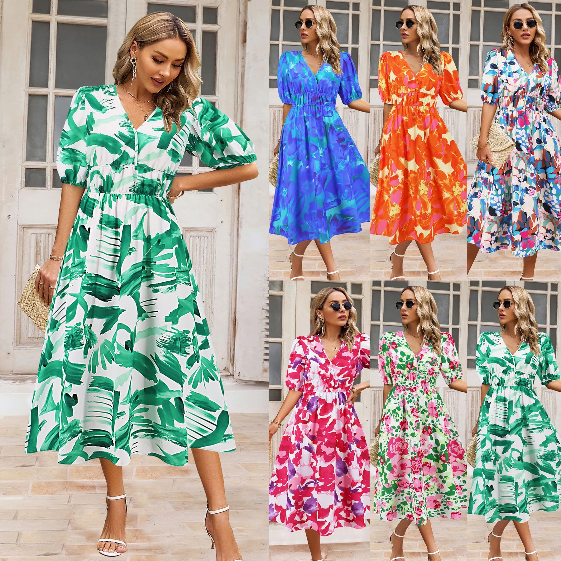 Robe d'été femme col en V imprimé floral bohème avec manches bouffantes
