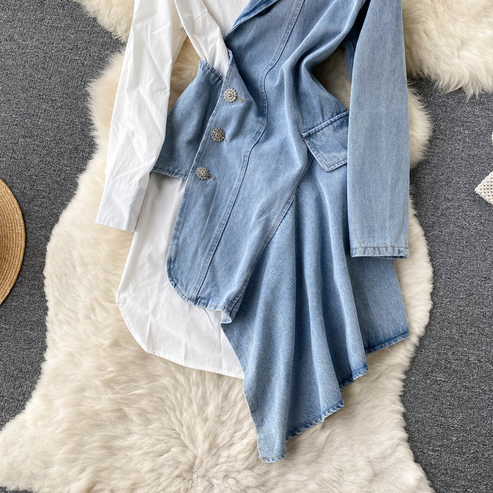Irregular Stitching Denim Dress with Long Sleeves