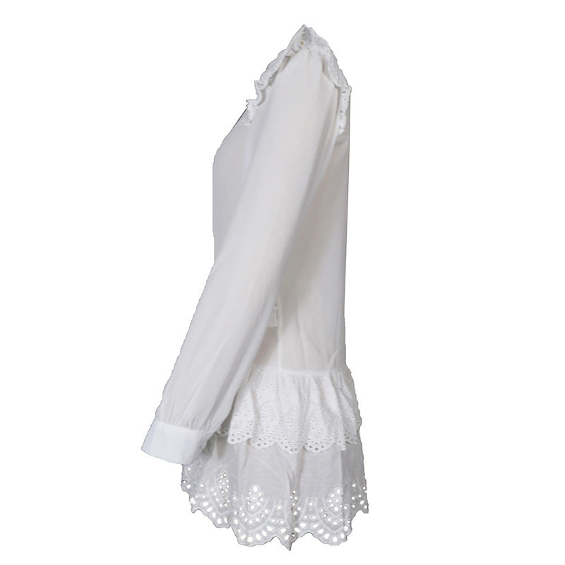 Women's Hollowed-Out Lace A-Line Shirt Dress in White & Black