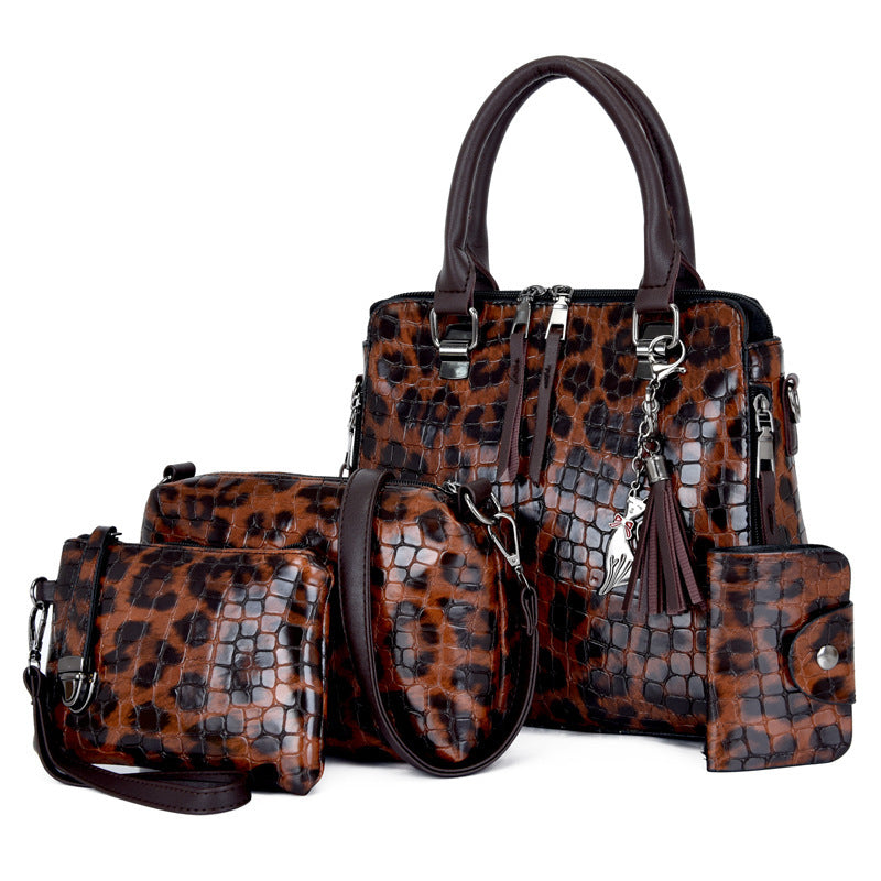 Tassel Portable Snakeskin Pattern Mother Bag Set with Handbag, Crossbody, and Wallet