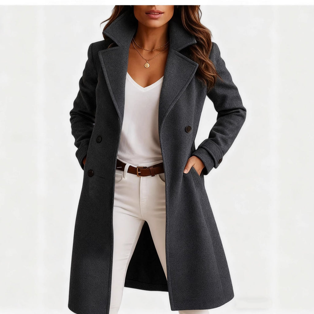 Women's Single-Breasted Mid-Length Woolen Coat with Pockets and Lapel – Casual Long Sleeve Outwear