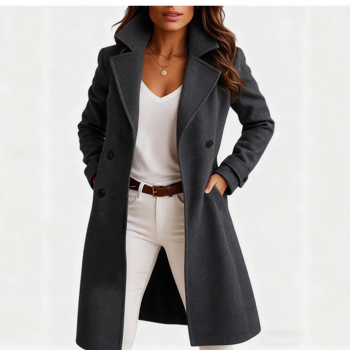 Women's Single-Breasted Mid-Length Woolen Coat with Pockets and Lapel – Casual Long Sleeve Outwear