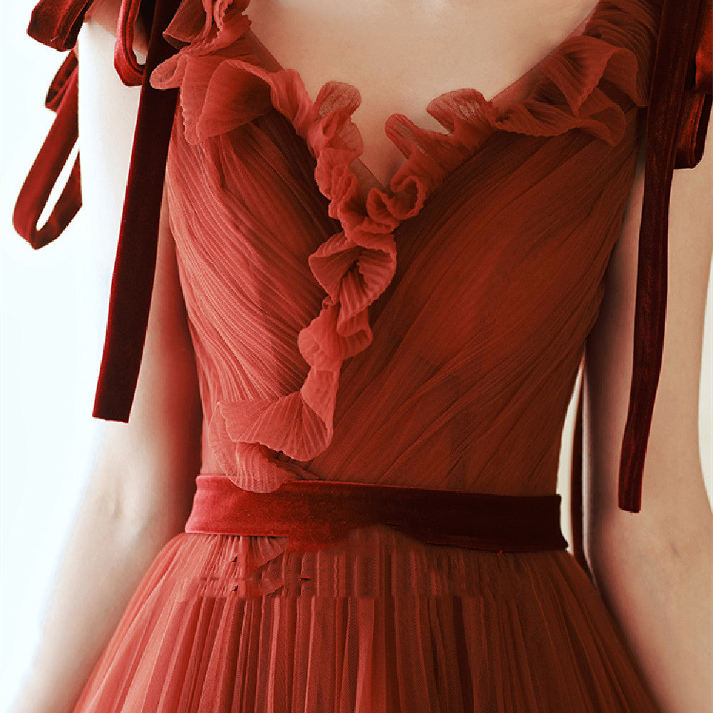 Robe de fiançailles sans manches rouge style coréen pour femme