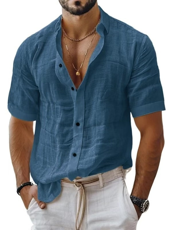 Men's Short Sleeve Cotton Linen Lapel Shirt