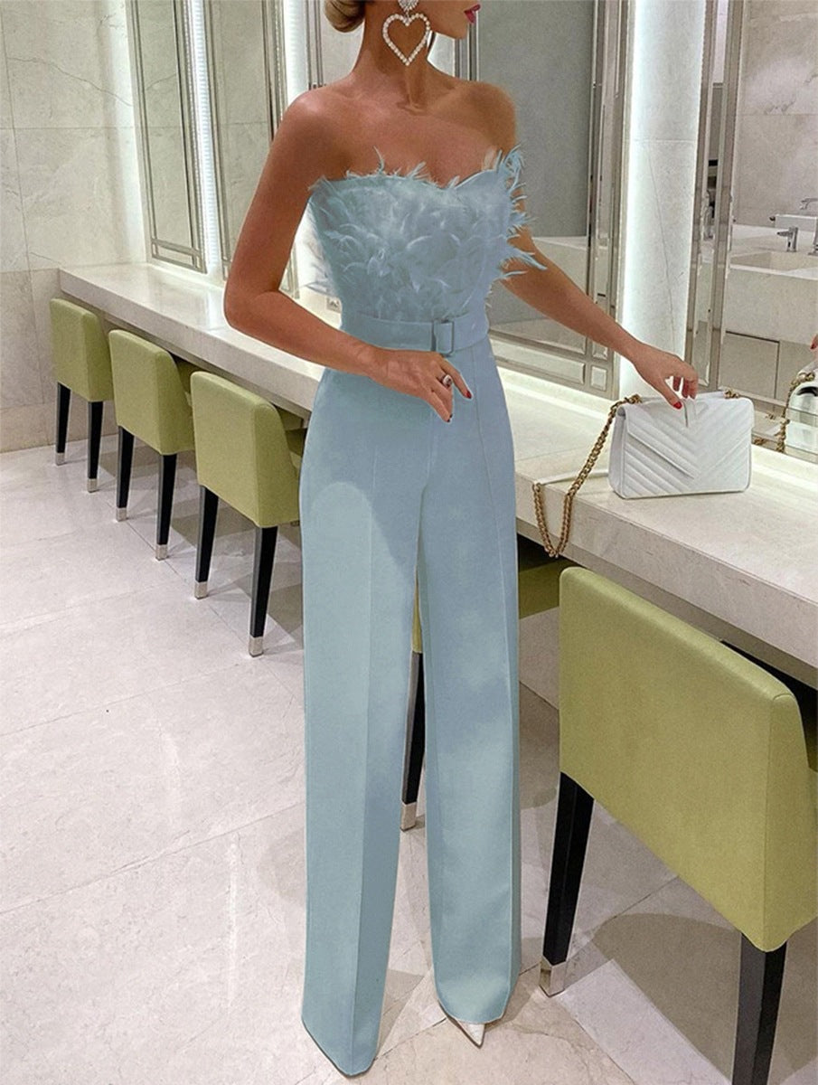 Feather Tube Top Jumpsuit with Embroidery