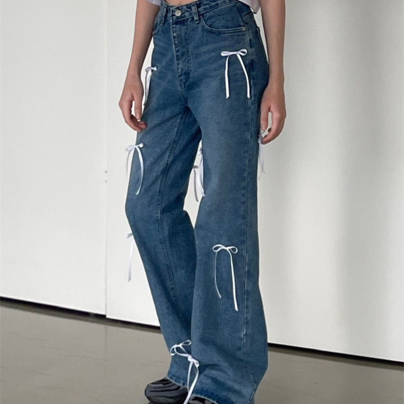 Pantalon de survêtement en jean ample et droit rétro taille haute pour femme