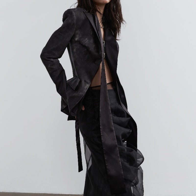 Dark Punk Smoked Ink Dyed PU Leather Coat Two-Piece Look