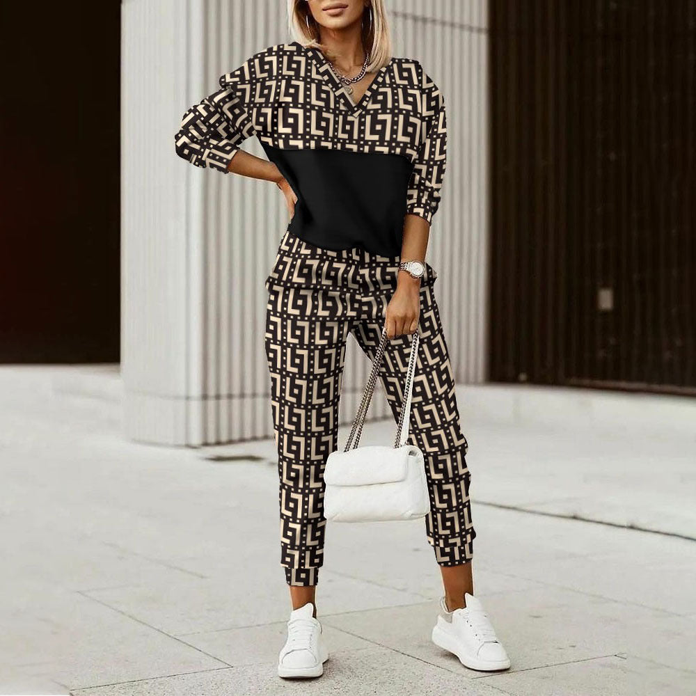Ensemble pantalon et haut à manches longues imprimé pour femme en fibre de polyester