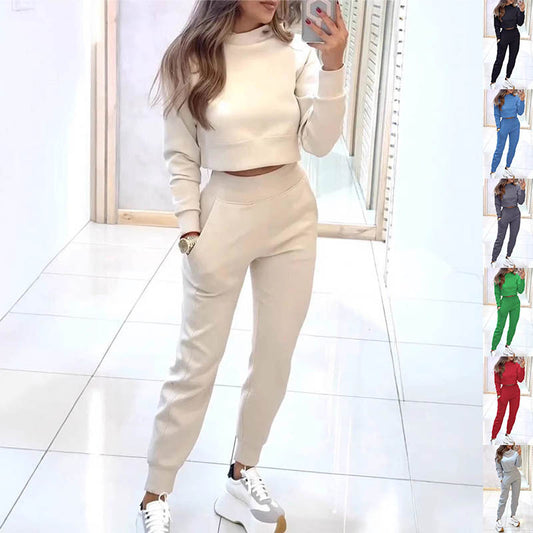 Stand Collar Suit Fashion Pullover Long-sleeves Short Top And Slim Trousers With Pockets