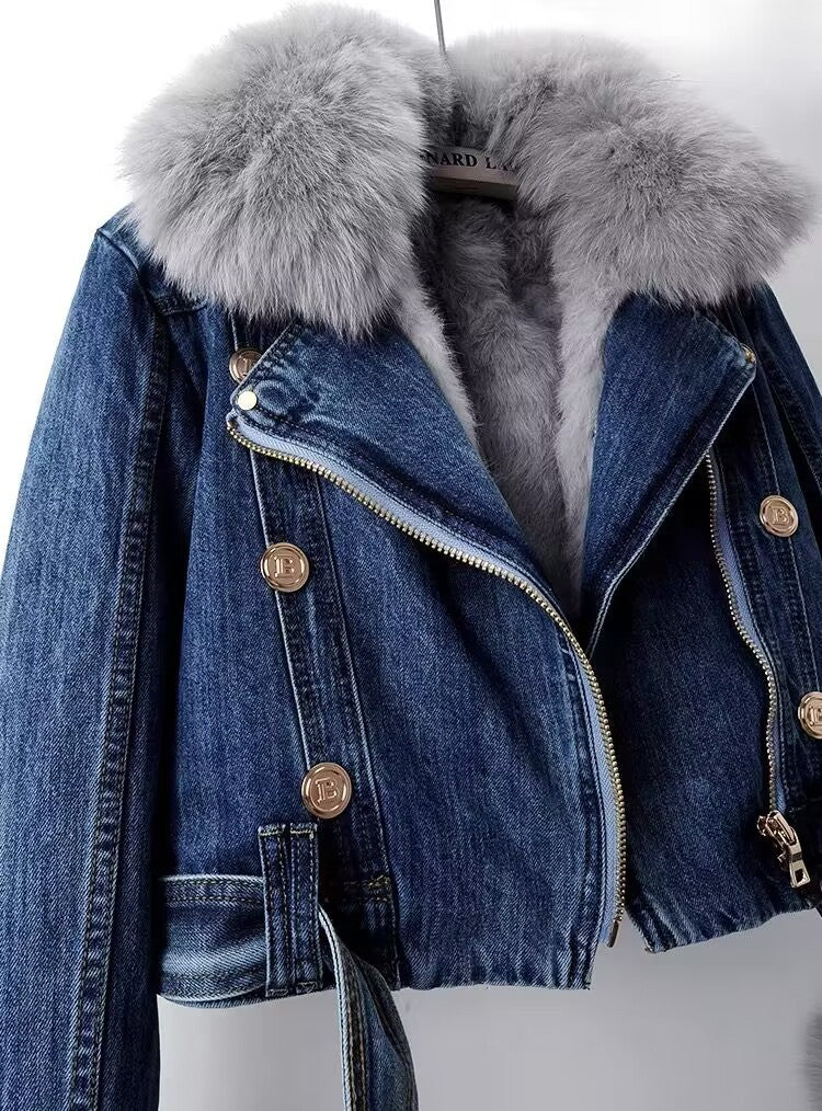 Detachable Fox & Rabbit Fur Liner Denim Coat in Blue