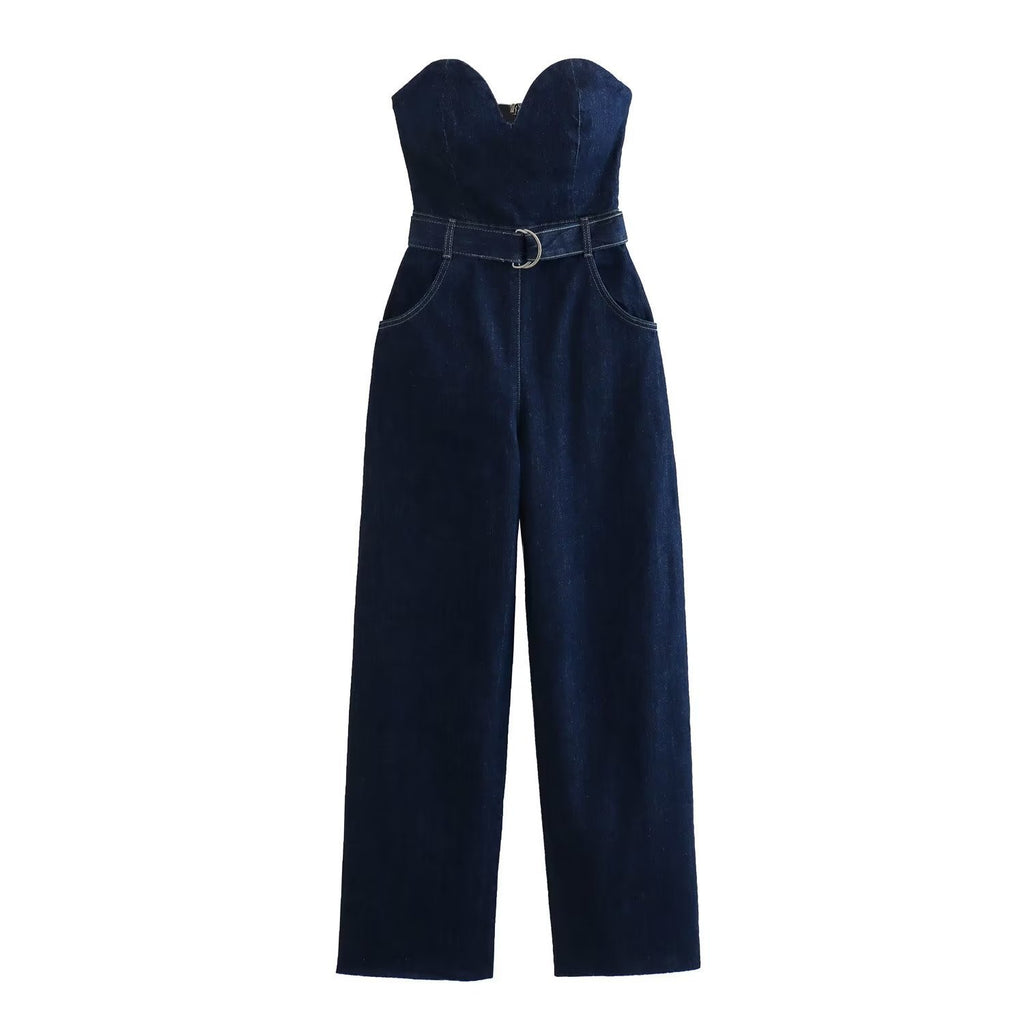 European & American Style Sleeveless Denim Jumpsuit with Belt for Women