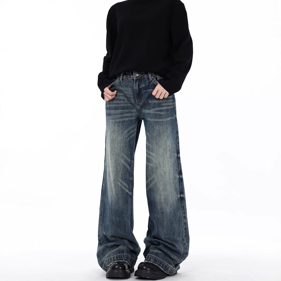 Men's Retro Blue High Waist Straight Cotton Jeans
