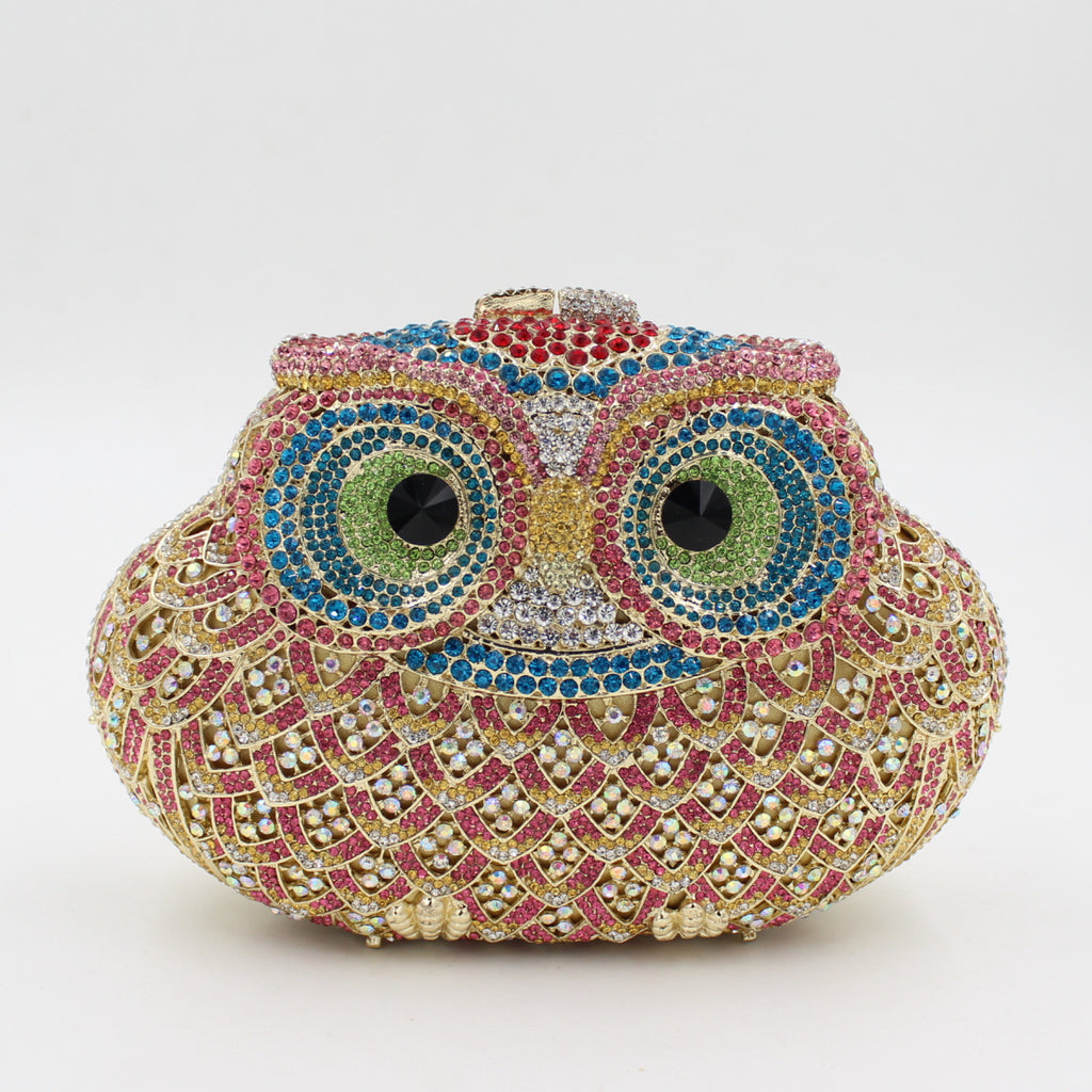 Pochette de soirée européenne et américaine pour femme en forme de hibou avec strass et diamants colorés