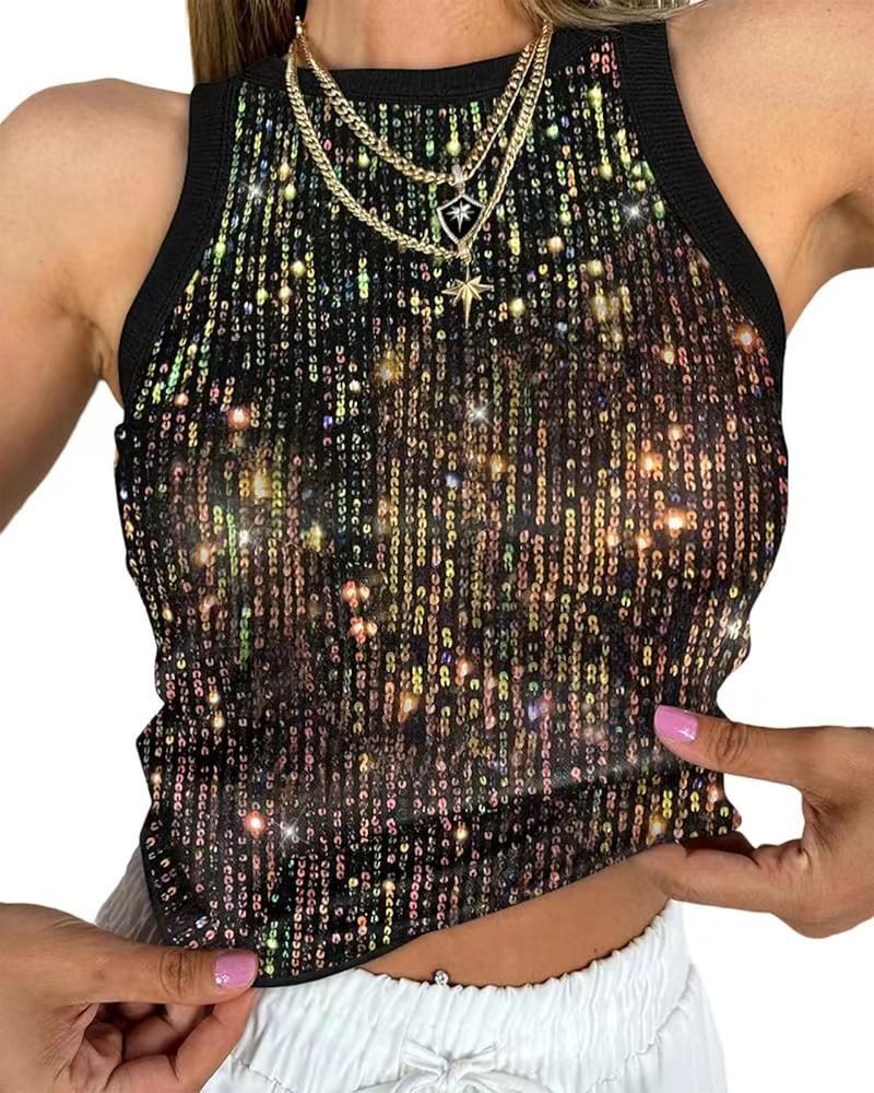 Gilet court sexy sans manches à sequins imprimé léopard