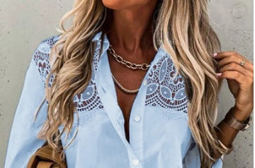 Chemise cardigan à revers en dentelle à manches longues ample de couleur unie pour femmes