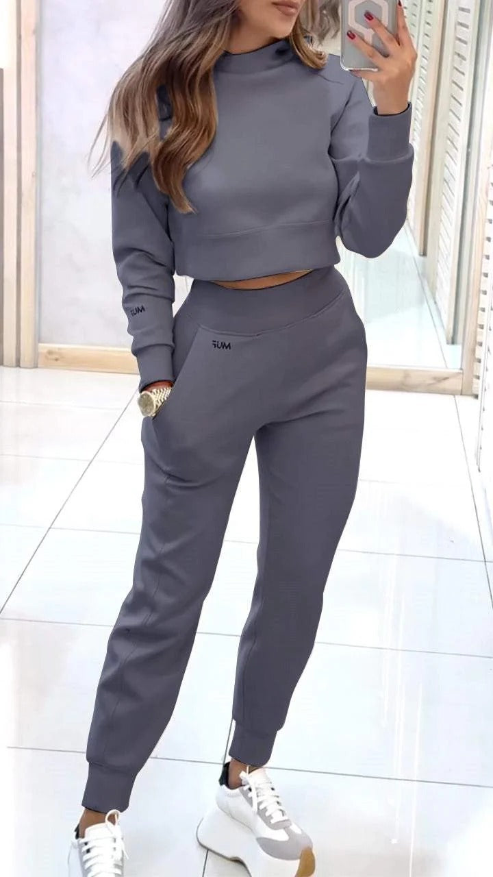 Stand Collar Pullover Long-Sleeve Top & Slim Trousers Set with Pockets