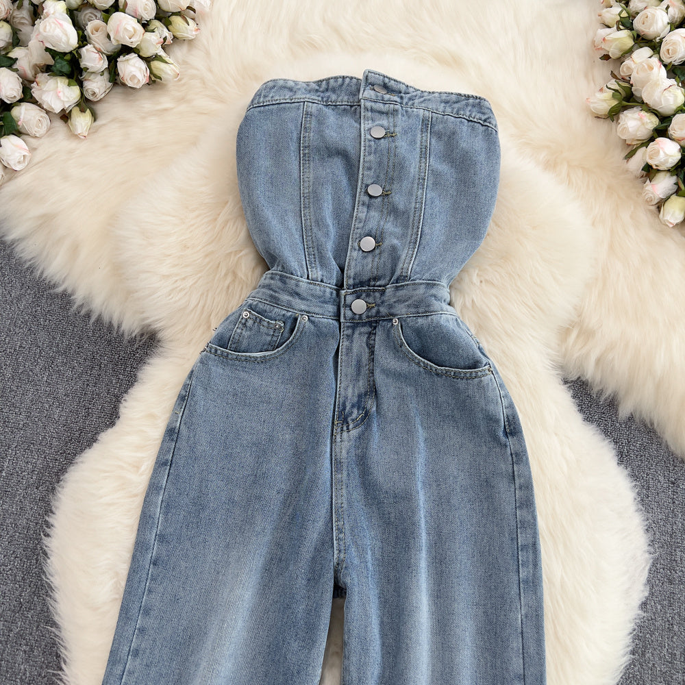 Combinaison salopette sans manches en jean bleu à jambes larges et droites avec poches