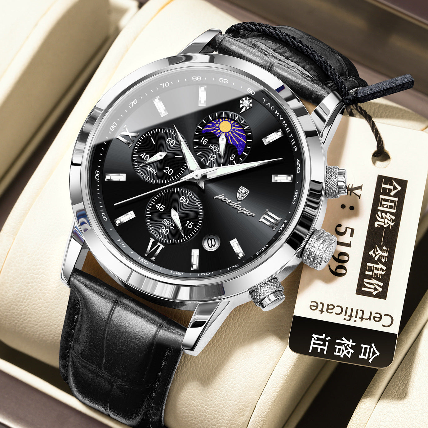 Montre pour homme avec phase de lune et chronographe multifonction