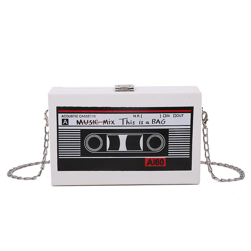 Women's PU Tape Chain Crossbody Box Bag – 19x5x12cm, White & Black