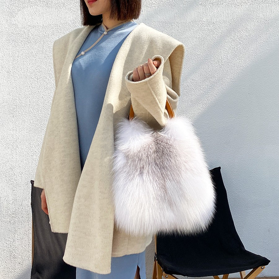 Sac à main et à bandoulière en fourrure de renard pour femme 30 cm x 23 cm