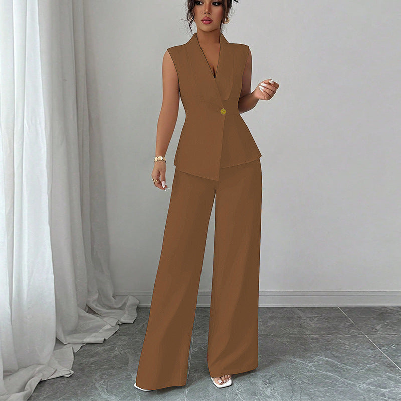 Solid Color Vest and Straight-Leg Trousers Suit for Women