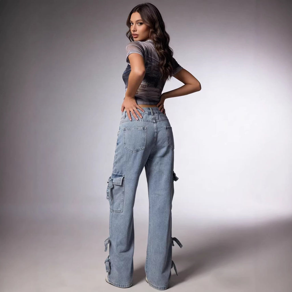 Jean droit femme taille mi-haute bleu clair