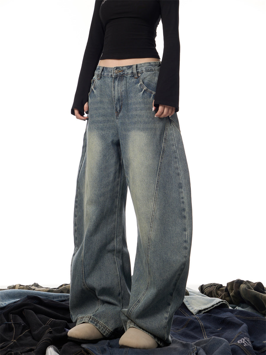 Women's Wide Leg Retro Washed Blue Jeans