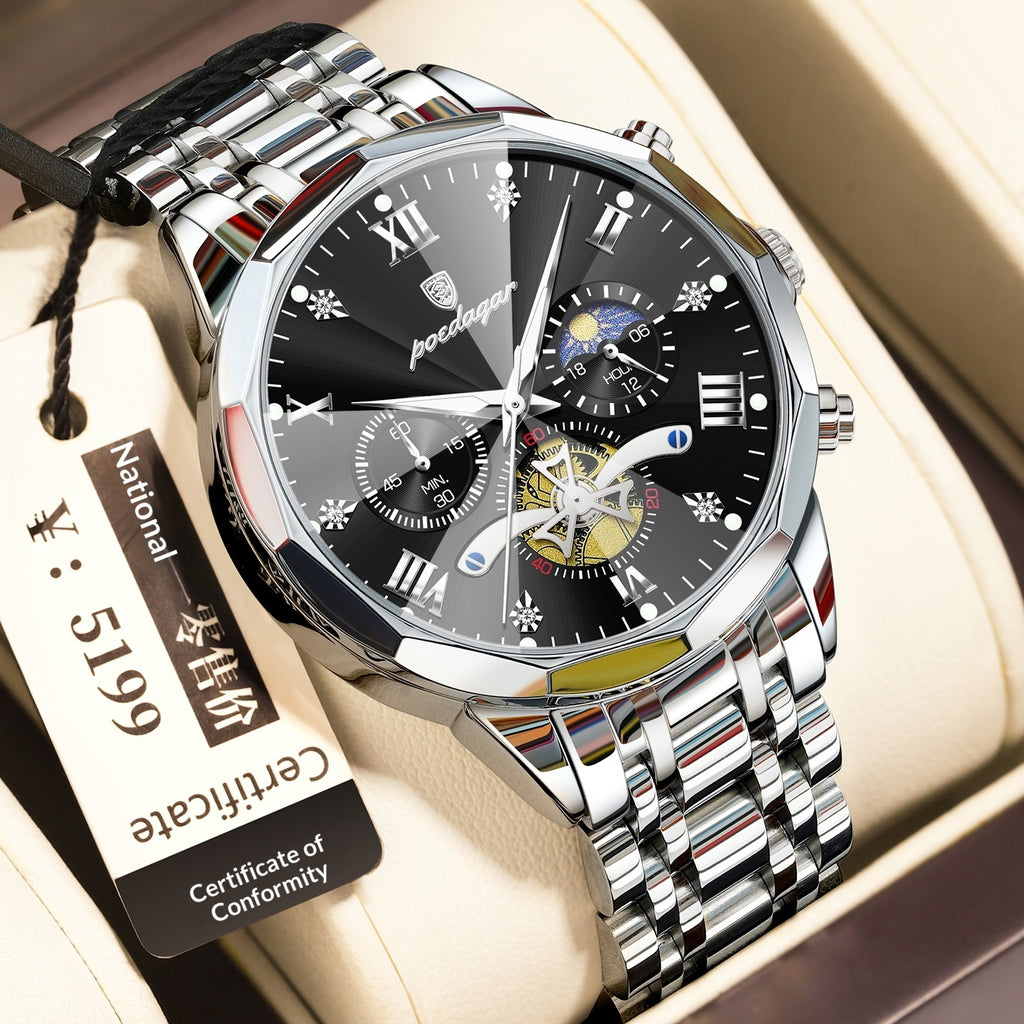 Waterproof Multifunctional Quartz Watch for Men with Stainless Steel Strap