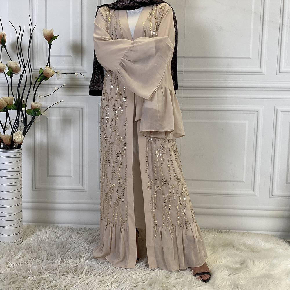 Apricot Sequin Chiffon Cardigan Robe for Muslim Women