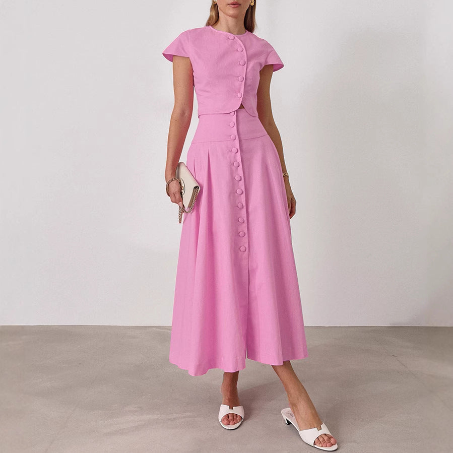 Ensemble tailleur-pantalon rose coton à taille haute et décolleté en V avec jupe longue