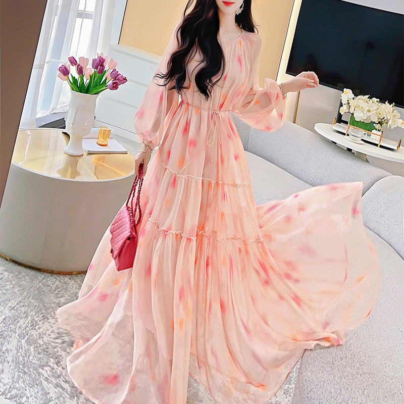 Women's Floral Chiffon Dress with Round Neck, One Size