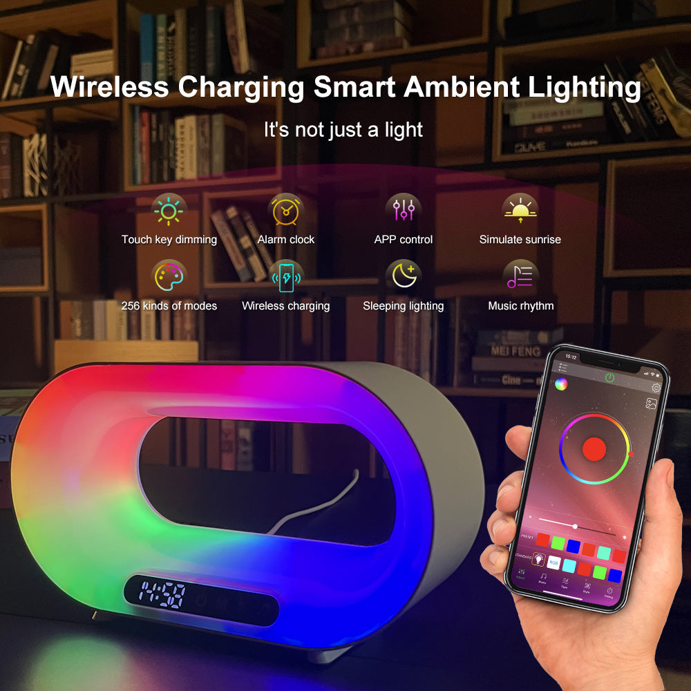 3-in-1 LED Night Light Desk Lamp with APP Control, RGB Atmosphere, Wireless Fast Charger & Alarm Clock
