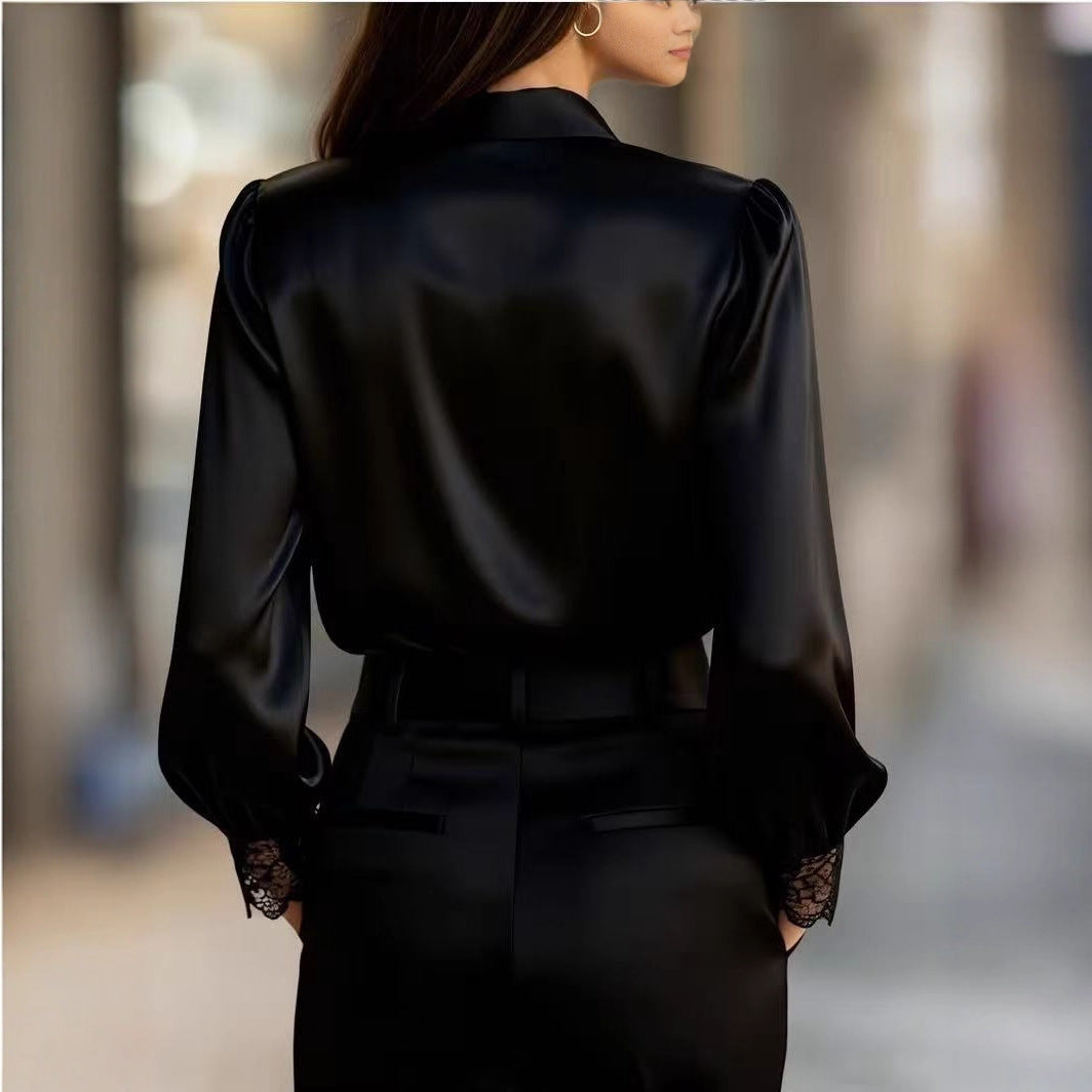 Women's Solid-Color Niche Lace V-Neck Puff-Sleeve Shirt