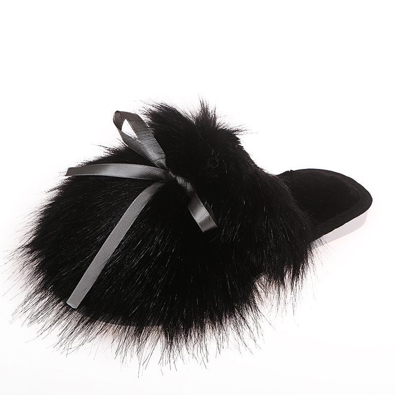 Bowknot Cotton Plush Half Shoes with Rubber Sole for Outdoor Wear