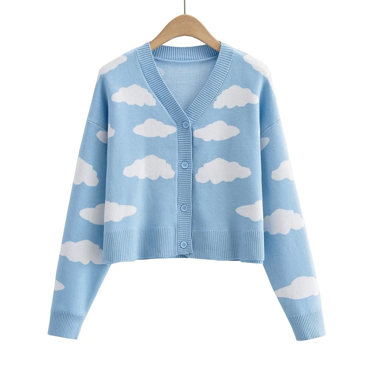 Autumn Girl Long Sleeve V-neck Cloud Pattern Cardigan Sweater