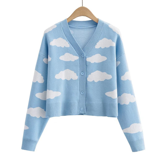Autumn Girl Long Sleeve V-neck Cloud Pattern Cardigan Sweater