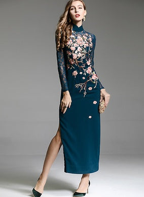 Elegant Chinese Style Embroidered Flower Long Cheongsam Dress XXL