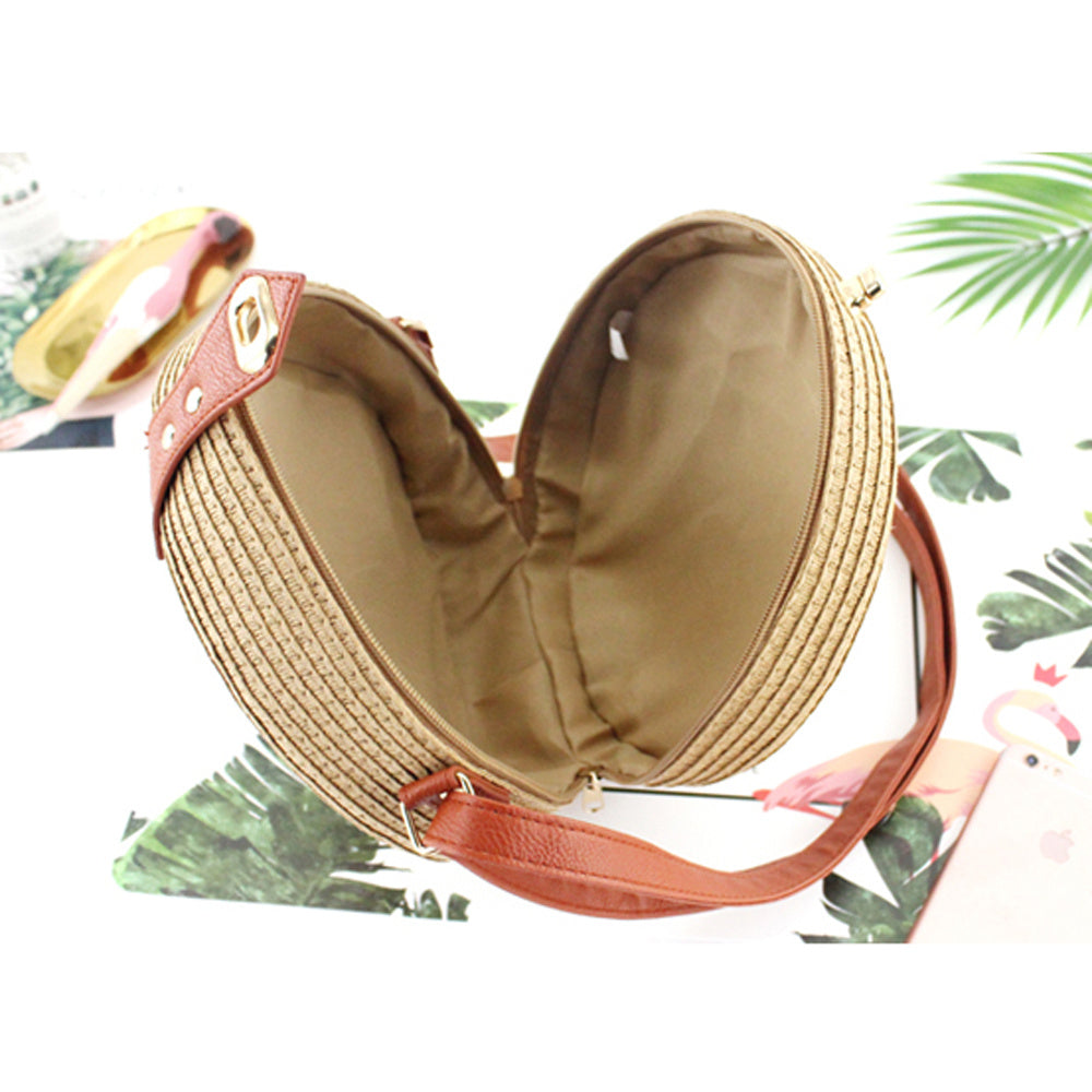 Retro Round Woven Straw Bucket Bag Medium Messenger Handbag