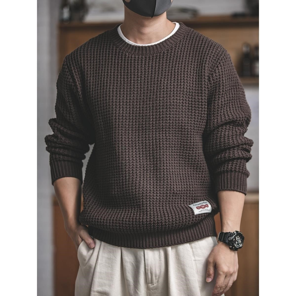Men's Round Neck Thick Wool Knit Sweater Loose Fit