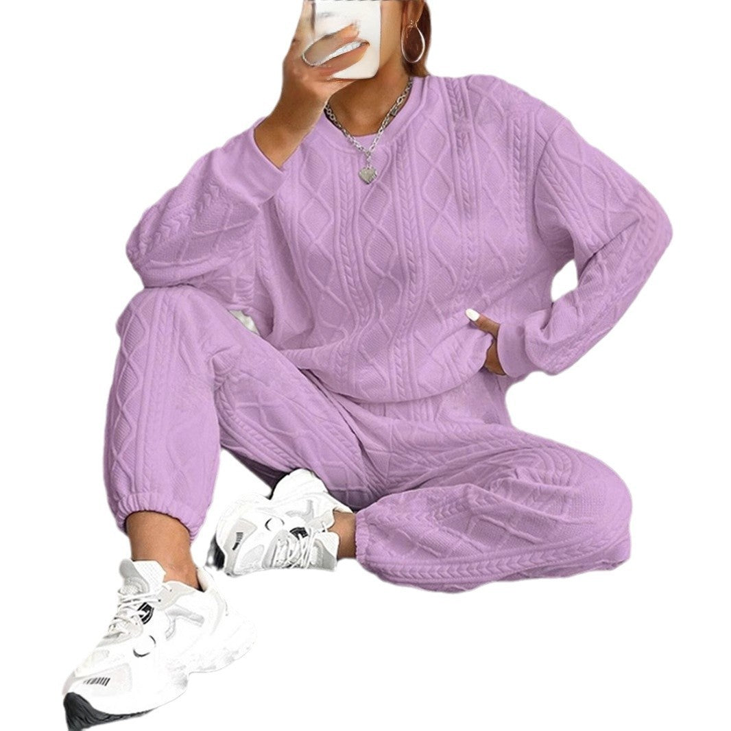 Jacquard Long Sleeve Casual Round Neck Sweater Trousers Suit