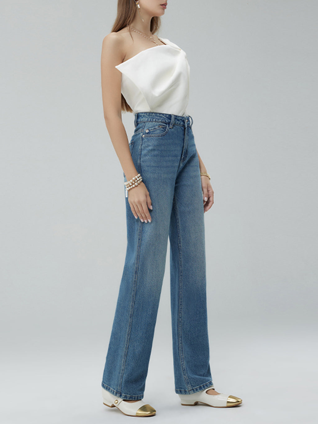 Casual Denim Wide Leg Pants for Women in Dark & Light Blue